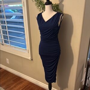 Express Blue Asymmetrical Ruched Cocktail Dress